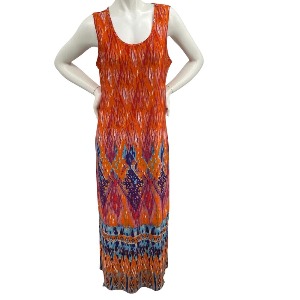 Kim Rogers Womens Sleeveless Abstract Aztec Orange & Multicolor Maxi Dress P Lge